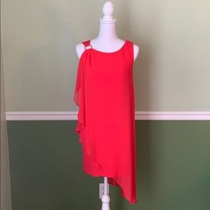 Bebe Red Sleeveless Shoulder Drape Gold Hardware Asymmetrical Chiffon Dress-S